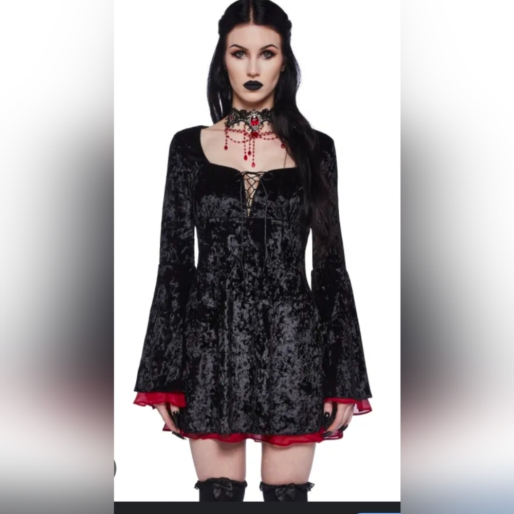 Black and Red Velvet Dress with Bell Sleeves